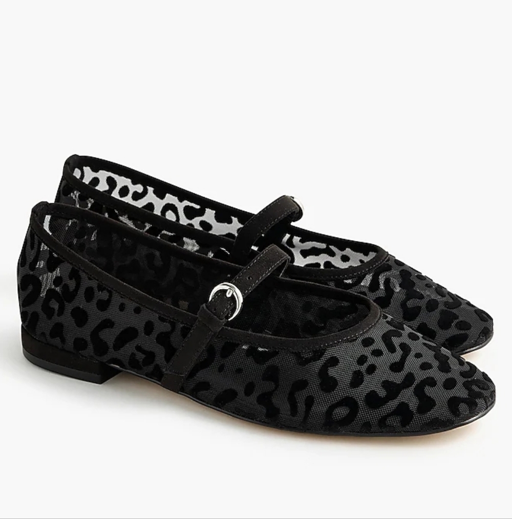 J.Crew Leopard Mesh Mary Jane Flats, 7.5, Black